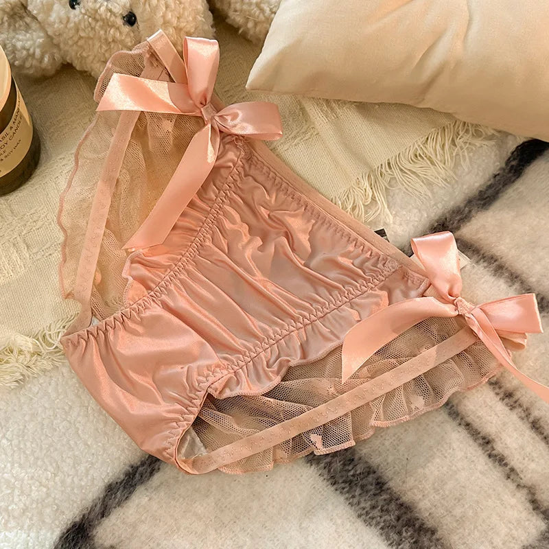 Women Sexy Satin Lace Mesh Transparent Bow Underwear Cute Lovely Sweety Princess Style Soft Panties Ruffles Breathable Breifs.