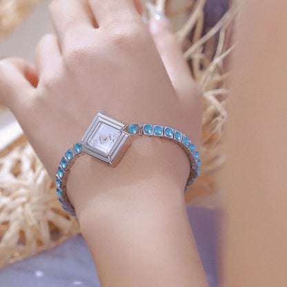 Luxury Women's Watch Square Dial Blue Rhinestones Bracelet Waterproof Fashion Elegant Wristwatch for Women Daily Wear Gifts.