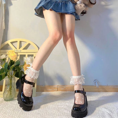 Women Lolita Transparent Mesh Crew Socks Sweet Ruffled Lace Trim Bowknot Cute Love Heart Pattern Anime Princess Hosiery.