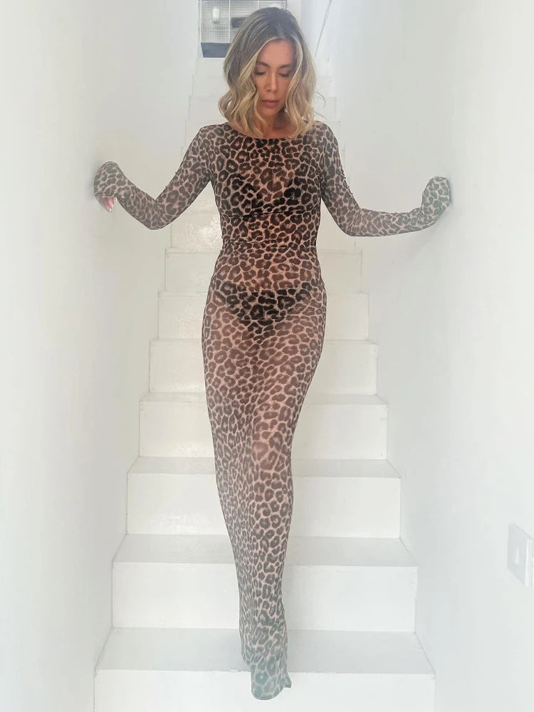 Dulzura 2024 Sexy Elegantes Maxikleid Bedrucktes Leoparden-Langarmkleider Damenkleidung Y2K Lady Party Club Streetwear Urlaub