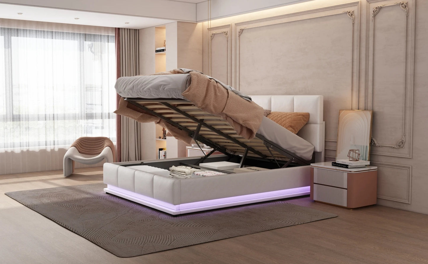 Weißes Polsterbett aus PU-Leder, 140 x 200 cm, Doppelbett mit LED-Beleuchtung, Stauraum unter dem Bett, Bettrahmen mit Lattenrost