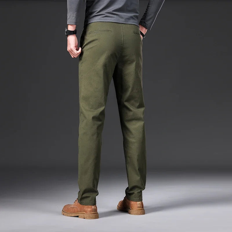 97% Cotton Men's Casual Pants Autumn Fashion Comfortable Elastic Slim Straight Business Trousers Black ArmyGreen Khaki.