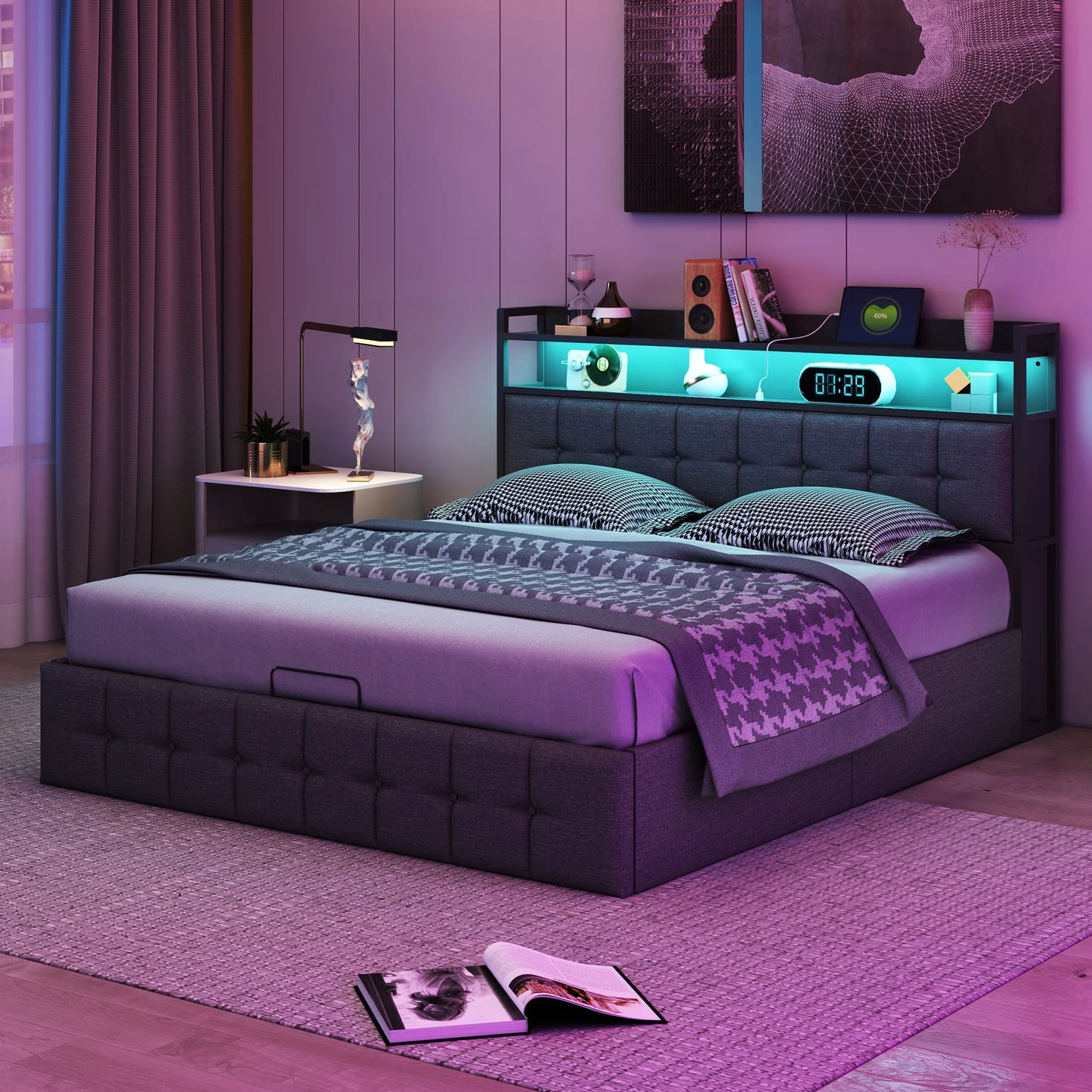 Rosahqnda Kissenbett, gepolstertes hydraulisches Bettgestell, graues Leinenkopfteil, Leinenstoff ohne Matratze