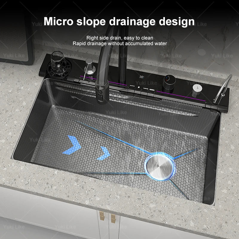 Neue Wasserfall Küchen spüle Edelstahl Multifunktion große Einzels chlitz integrierte Digital anzeige Waschbecken