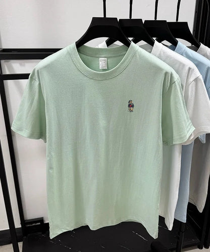 Light luxury 100% cotton men's T-shirt short sleeve round neck skin friendly comfort fashion brand cartoon bear embroidered top.