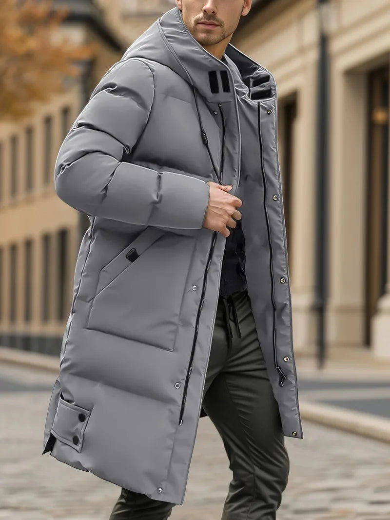 Men'S Heavyweight Winter Coat Windproof Cold Weather Jacket with Full-Length Zipper, Hooded Long Formality, Large Front Pockets.