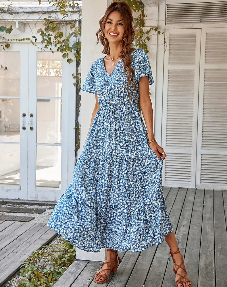 Damen Vintage Lange Blumen Druck Sommer Kleid Frauen Lose Beiläufige Taste Böhmischen Strand Kleid Frauen Sommerkleid Robe Vestidos Weibliche.