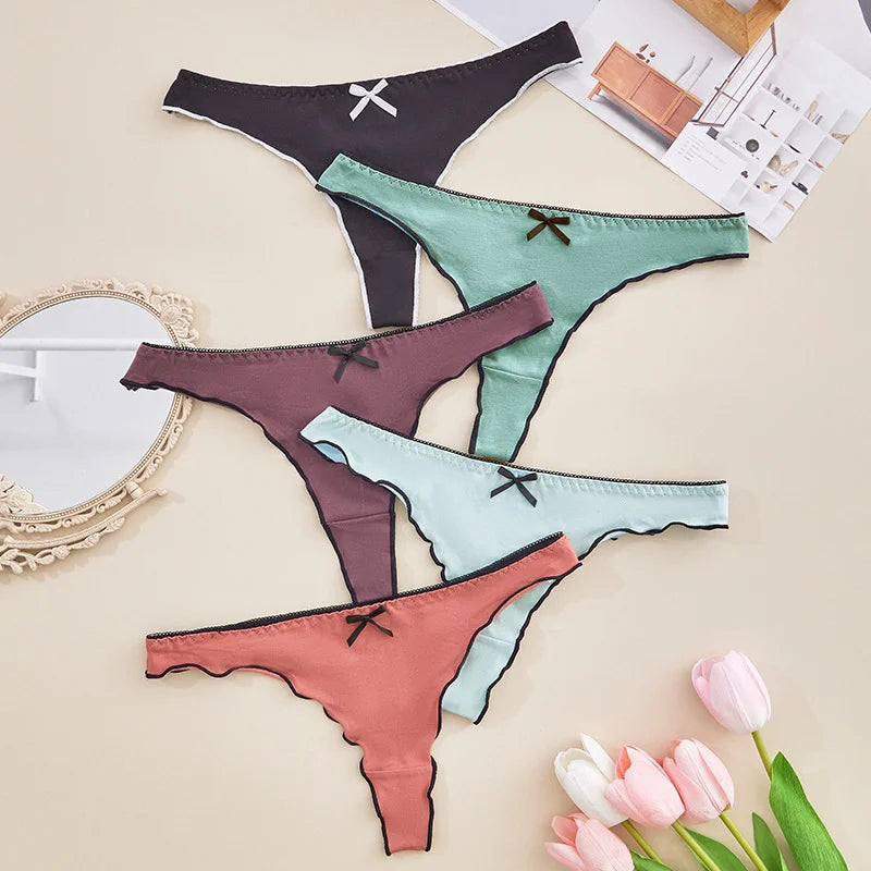 4pcs women's cotton solid color thong sexy comfortable women's underwear daily breathable T-back knitted bow cute girl low-waist.