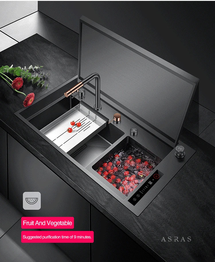 ASRAS Hidden Double Sinks Smart Purifying Kitchen Island Sinks Flip Cover Hidden 4mm Thickness Handmade kitchen Sinks
