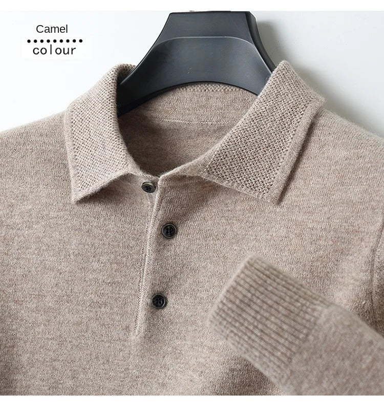 2025 Men's Autumn And Winter 100% Merino Pure Wool Knitted Sweater Men's Business Casual Knitted Polo Collar Pullover Top YJ1815