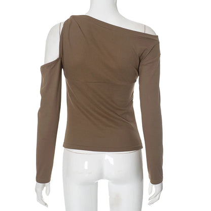 CUTENOVA Fall Outfits Women Solid Color One-Shoulder Long-Sleeved Women'S Top Sexy Hollow Out Twisted Casual Chic T-Shirt Female.