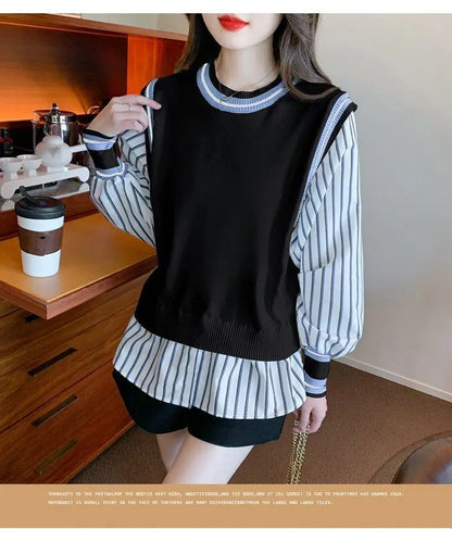 Autumn Preppy Style Patchwork O-neck Fake Two Pieces Top Tee Female Casual Striped Long Sleeve Sweatshirts Women Clothes Tshirt.