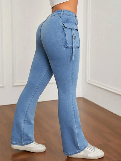 High Waist Bell Bottom Jeans Women's Slim Fit Workwear Denim Pants High Elasticity Cross-Border Long Trousers.