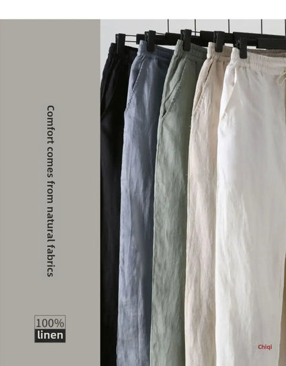 Casual Men's Linen Pants Loose Fit Cotton Linen 3/4 Length Pants Chinese Style Men's Material.