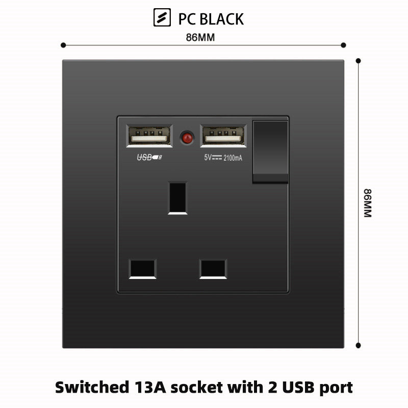 Schwarze UK 13A Wandsteckdose mit USB Typ C 18W Schnelllade-Steckdose, Wandsteckdose mit USB-Ladegerät, Schalter mit Steckdose.