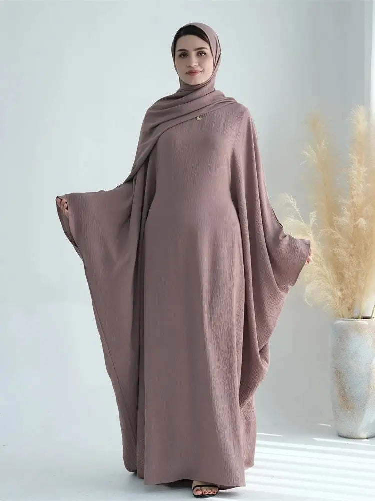 White Pink Black Brown Soft Crepe Khimar Batwing Abaya Damen 2 Piece Muslim Modest Hijab Dresses Set Kaftan Kebaya Robe Women.
