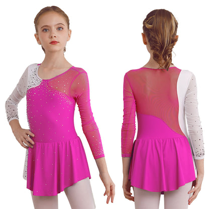 6-16Y Mädchen Eiskunstlauf Tanz Kleid Ballett Gymnastik Trikot Langarm Shiny Strass Sheer Mesh Leistung Dancewear