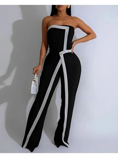 Elegant Colorblock Patchwork Asymmetrical Bandeau Sleeveless Slim Fit Jumpsuit Women Button Decor Overall for Lady Office.
