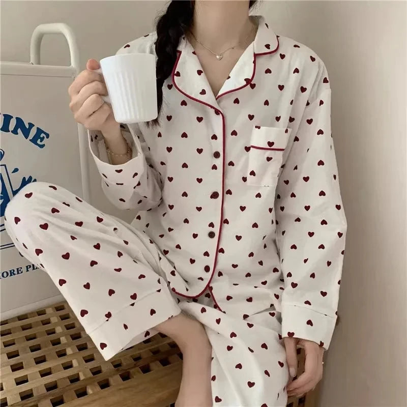 M-XXL Large Size Nightwear Women Sleepwear Autumn and Winter Cardigan Home Wear Peach Heart Long Sleeves School Silk Pajamas.