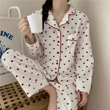 M-XXL Large Size Nightwear Women Sleepwear Autumn and Winter Cardigan Home Wear Peach Heart Long Sleeves School Silk Pajamas.