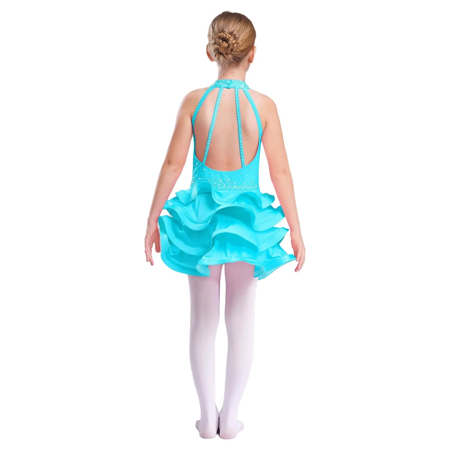 Eiskunstlauf-Kostüm für Teenager-Mädchen, lateinamerikanischer Tanz, Cha-Cha, Tango, Performance-Tanzbekleidung, ärmelloses, gestuftes Kleid mit Strasssteinen