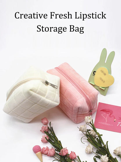 Cute Plush Makeup Bag for Women Portable Travel Small Cosmetic Bags Solid Color Zipper Toiletry Bag Washing Pouch Storage Bags.