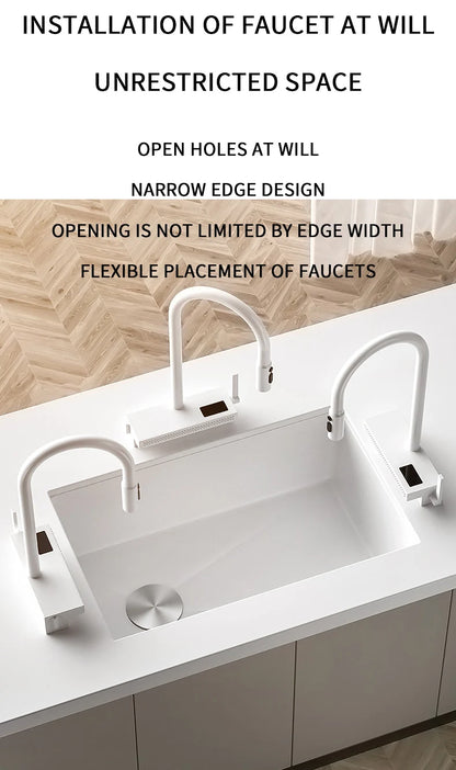 White Stainless Steel Kitchen Sink with Digital Display Multifunction Waterfall Faucet large Wash Basin for Kitchen Accessories
