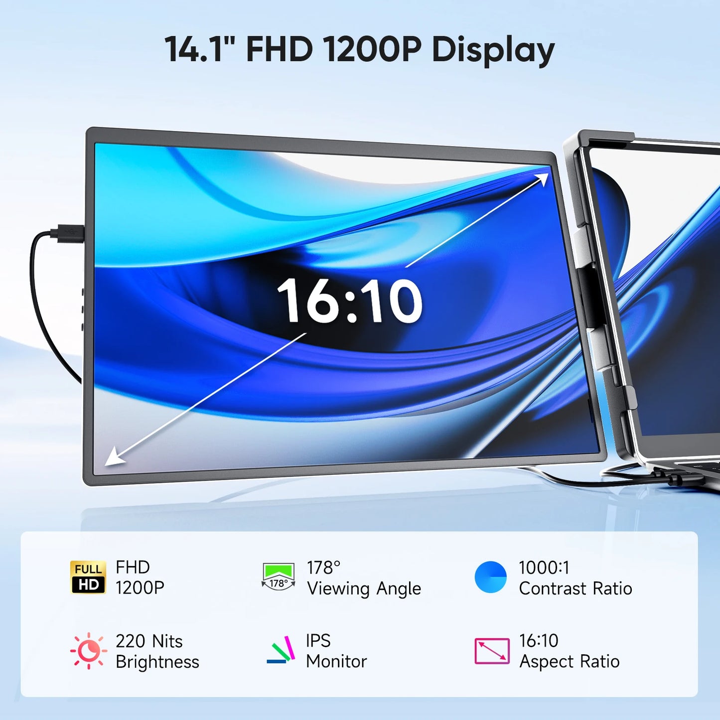 Dopesplay 14.1 inch Triple Screen Extender for Laptops 1200P FHD IPS Type-C Dual Portable Monitor For Macbook Chrome Up to 17.3.