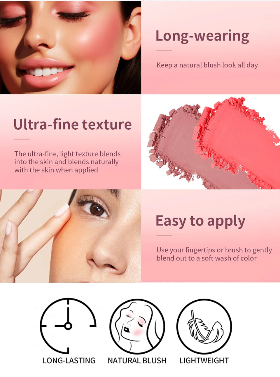 Blush Matte Natural Cheek Tint Brighten Face Waterproof Face Contouring Cosmetics Blush Powder Soft Female Makeup For Cheeks.