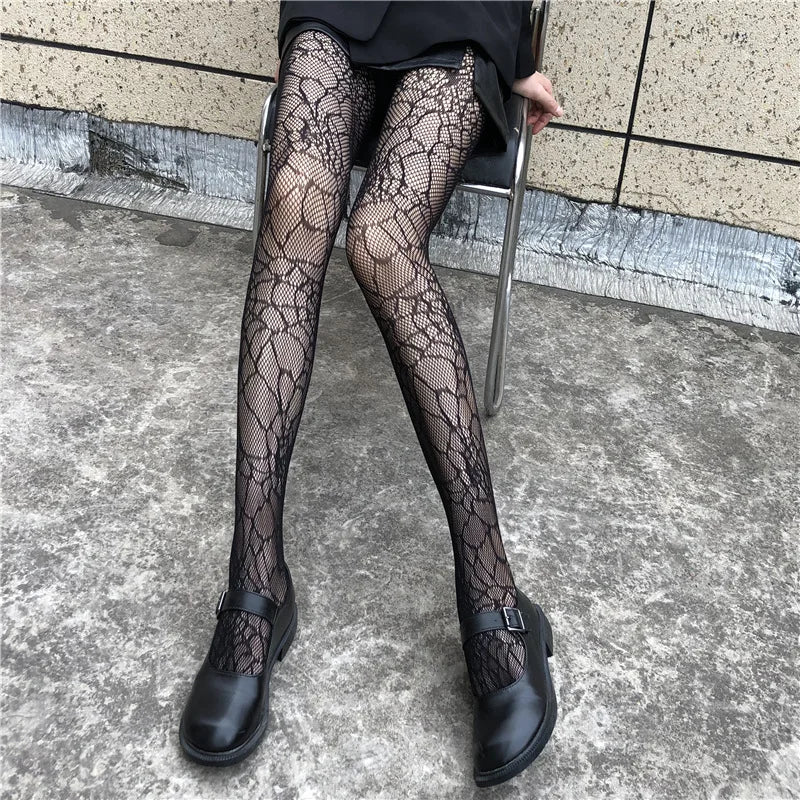 Gothic Women Lolita Leggings Hollowed Out Mesh retro Girls Stockings Japanese Bottomed Lace Pantyhose Floral Rattan Black Tights