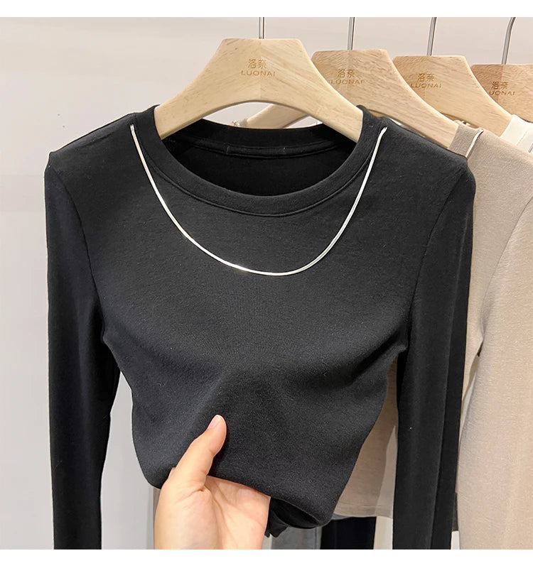 Women Trendy Chain Link Autumn Fashion Slim Fit Cropped T-shirts 2025 Long Sleeve T-shirt Solid Simple Base Layer Crop Tops.