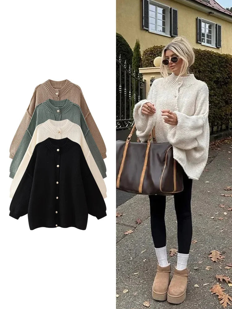 TRAF Women's Bat Sleeve Cardigan Sweater Temperament Lapel Metal Button Decoration Fashion Jacket Casual Commuter Women's Tops.