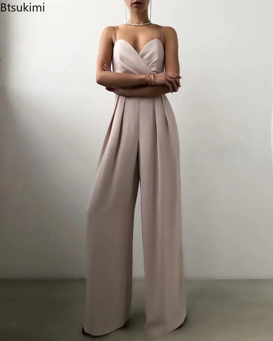 2025 Spring Summer Chiffon Elegant Jumpsuits Women Spaghetti Strap High Waist Wide Leg Jumpsuits Overalls Solid Womens Jumpsuit.