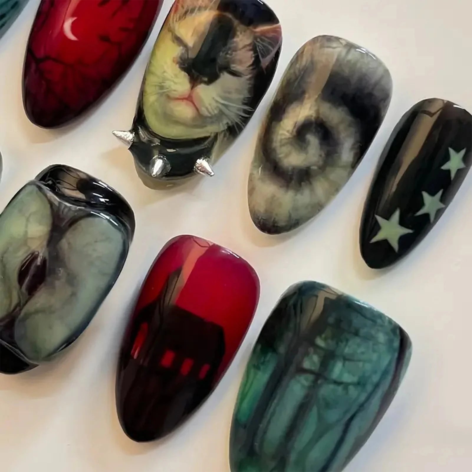 10pcs Dark Black Style Handmade Fake Nails Y2k Star Horor Foreat Designs Press On Nails Halloween Wearable Almond False Nail.