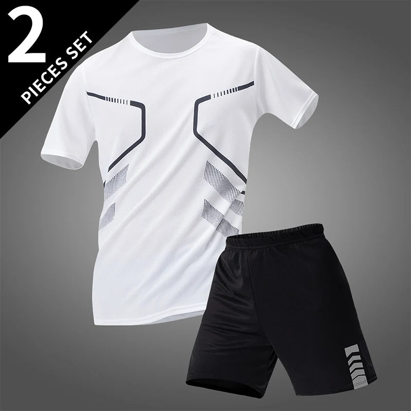 2-pcs Men's Quick-drying Exercise Black-and-white Suit Running Fitness Breathable Short Sleeve Comfortable Joker Playing Shorts