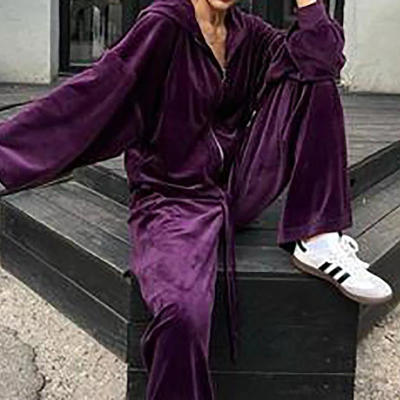 Women Autumn Hooded Coat Two Pieces Sets, Solid Patchwork Wide Leg Pants Chic Outfit, New Long Sleeve Casual Simple Ladies Suits