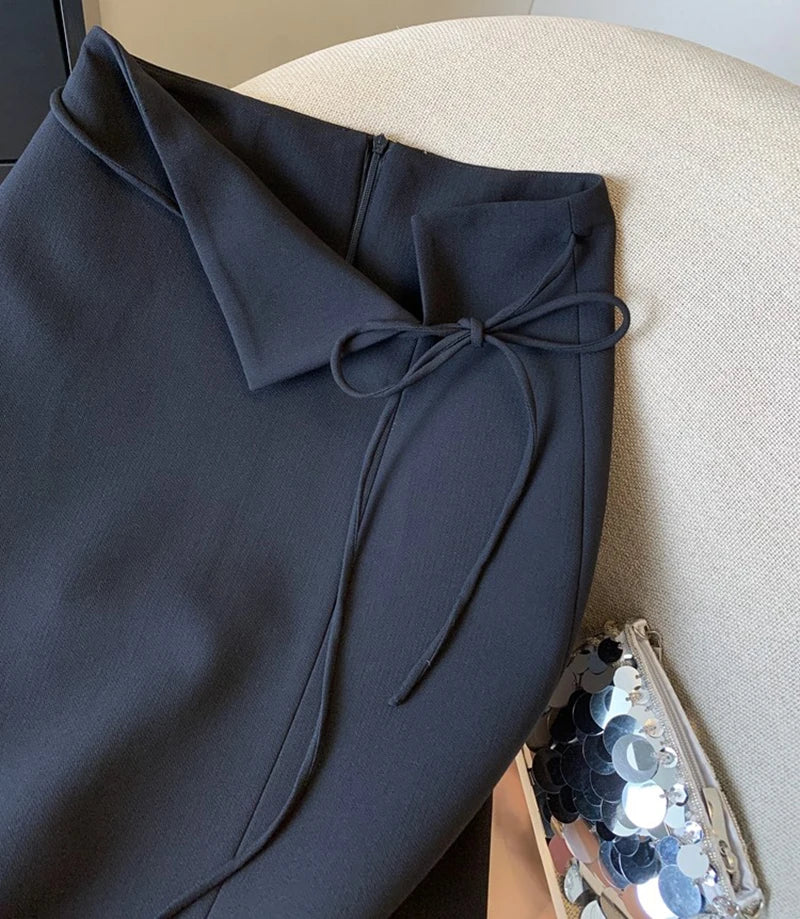Elegant Slit Midi Skirt Women Fashion Black Bandage Split Suit Skirts  Office Ladies Korean Casual A Line Streetwear Skirt New.
