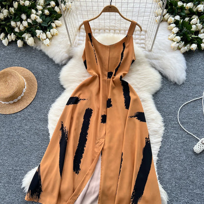 Neue Sommer Druck Süße Kleid Träger O Neck Backless Split Elegante Damen Urlaub Strand Party Midi Sommerkleid