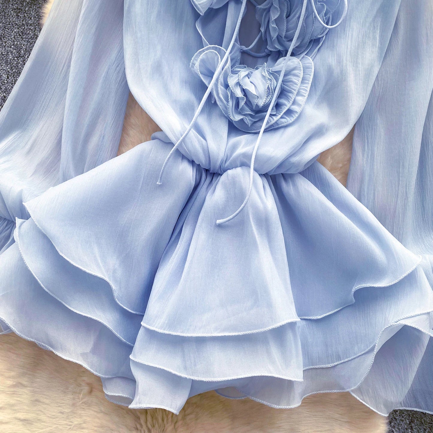 SINGREINY 3D Floral Strand Kurzes Kleid Weibliche Lange Ärmel Spitze Up Rüschen Chiffon Kuchen Sommerkleid Sheer Sexy Vintage Bohemian Kleid.