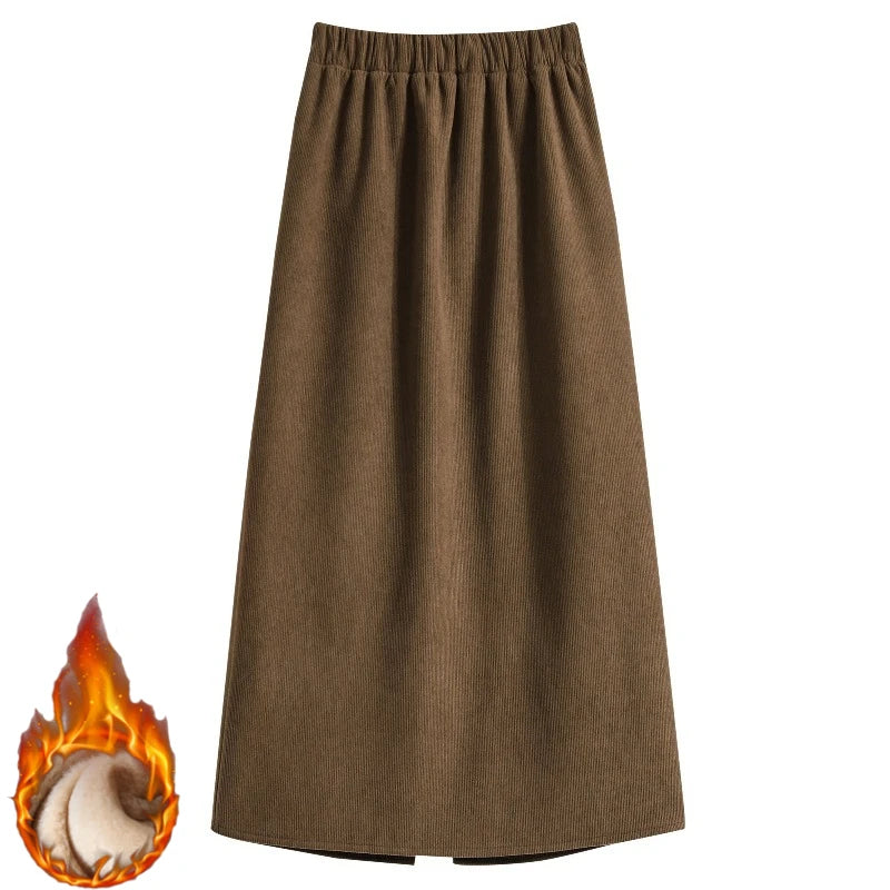 2025 Autumn Winter Plus Size Skirts Women High Waist Solid A-line Skirt Back Slit Korean Thick Elegant Fleece-lined Style Skirts.