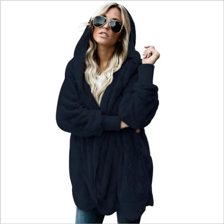 Herbst Winter Doppel Fleece Strickjacke Jacke Frauen Einfarbig Langarm Plüsch Warme Mit Kapuze Dame Jacke Übergroßen Oberbekleidung Mantel