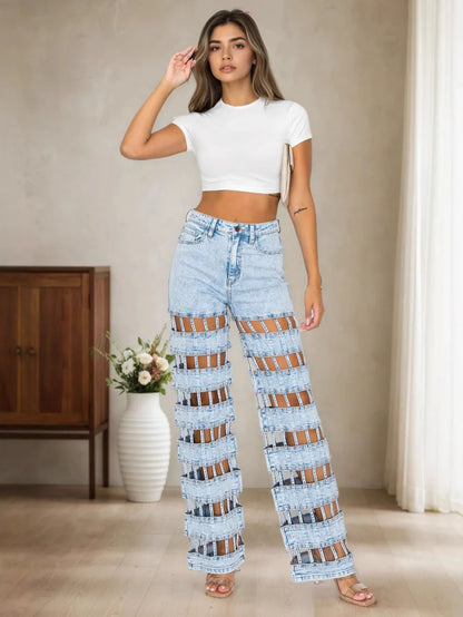 Holes Jean Hollow Out Jeans Women Straight Pants High Waist Vintage Ripped High Waist Zipper Fly Ankle Length Distressed.