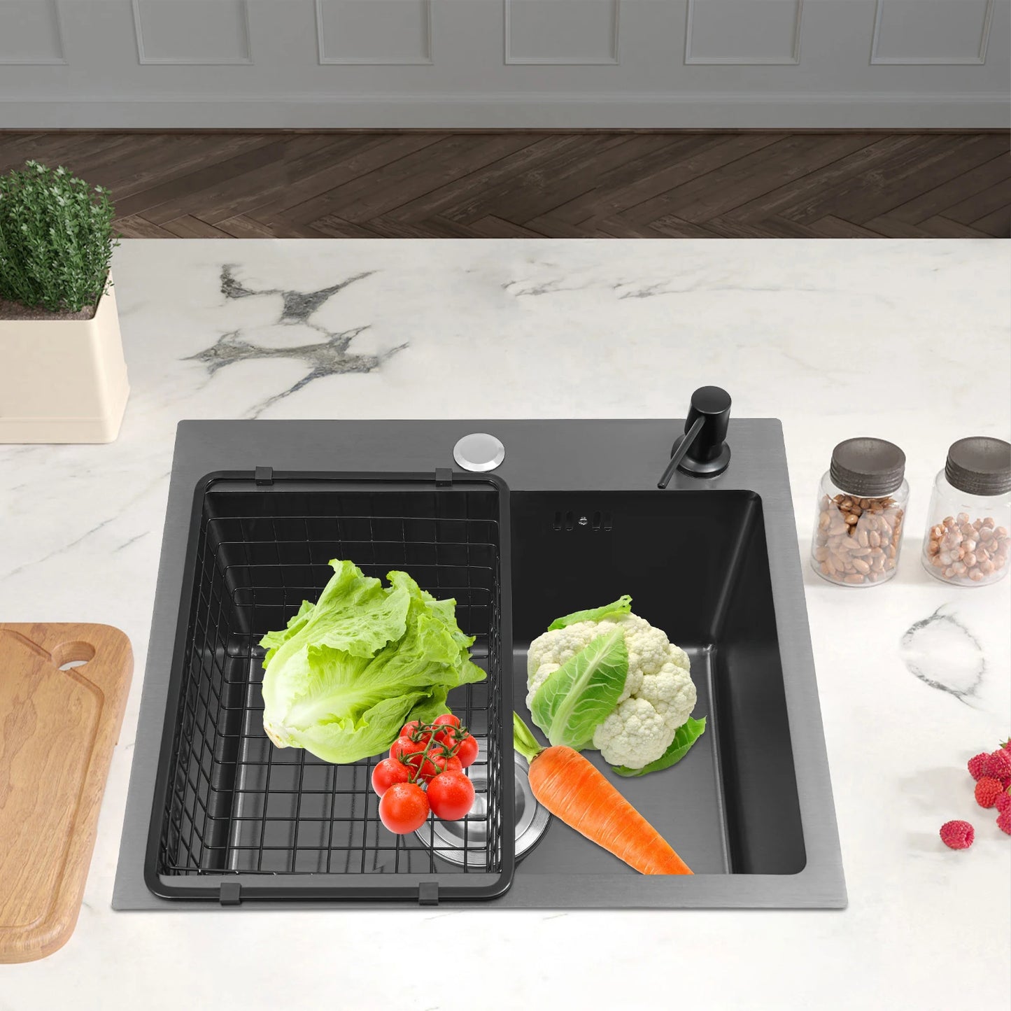 Spülbecken aus Edelstahl 201, schwarz, Deckenmontage, Unterputz-Spülbecken-Set mit Abflusskorb, Seifenspender, Küchenspüle