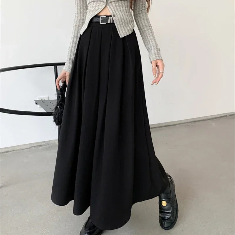 2024 New Korean Skirt Women Solid Color Versatile Mid-length Pleated Skirt Large Swing Type Skirt Female Long Skirts for Women.