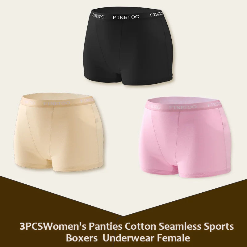 3Pcs Women's Panties Cotton Seamless Sports Boxers Underwear Female Solid Color Briefs Lingerie Intimate Underpant Finetoo S-XXL
