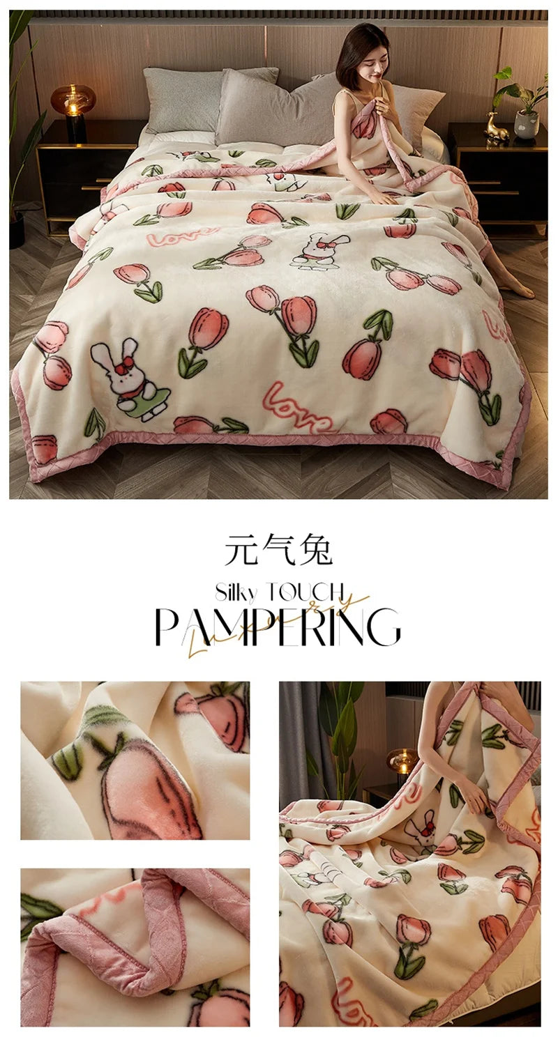 Double Sided Printed Autumn Winter Blankets for Bed Soft Warm Encrypted Flocking Raschel Blanket Skin Friendly Weighted Blanket