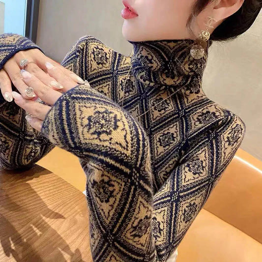 Frauen Kleidung Mode Rollkragen Argyle Stricken Pullover Herbst Winter Elegante Chic Schlanke Langarm Pullover Büro Dame Y2K Top
