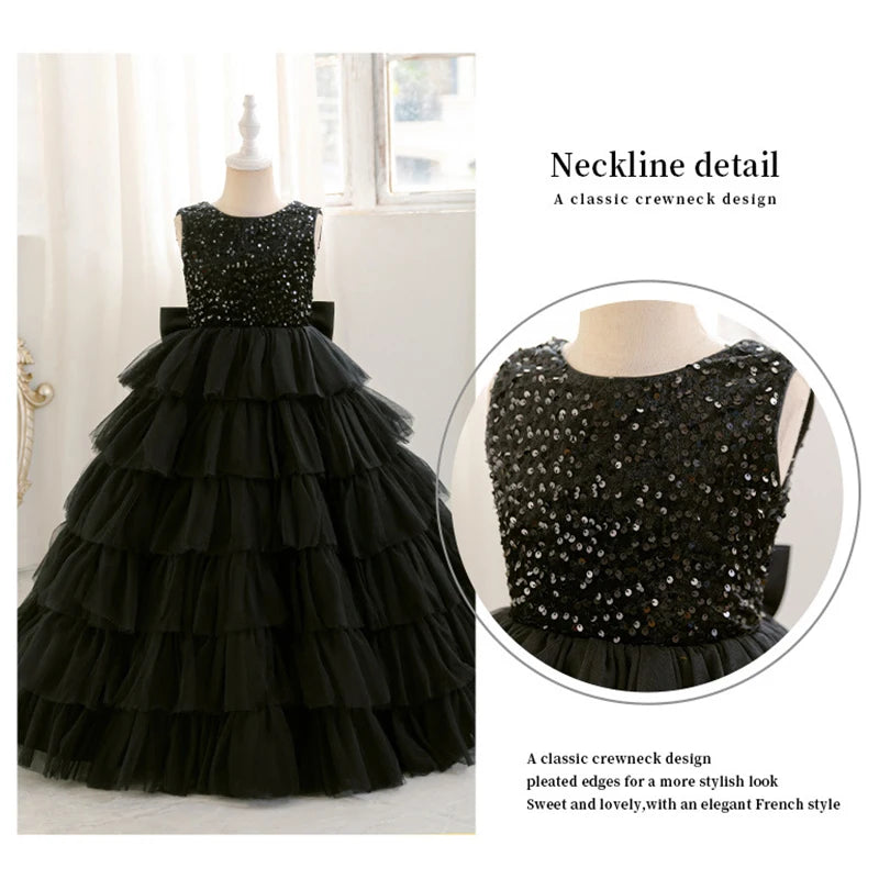 Mode Pailletten Mädchen Prinzessin Kleid Geburtstag Party Mädchen Layered Schwarz Hochzeit Kleid Für Kinder Elegante Klavier Leistung Kleid.