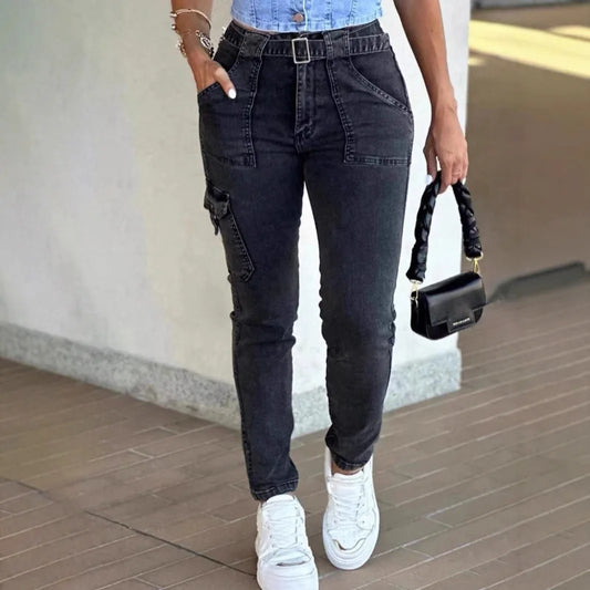 Europe and The United States Foreign Trade New Belt Women's Classic Sexy Tight Small Foot Pants High Spring Washed Cargo Jeans.