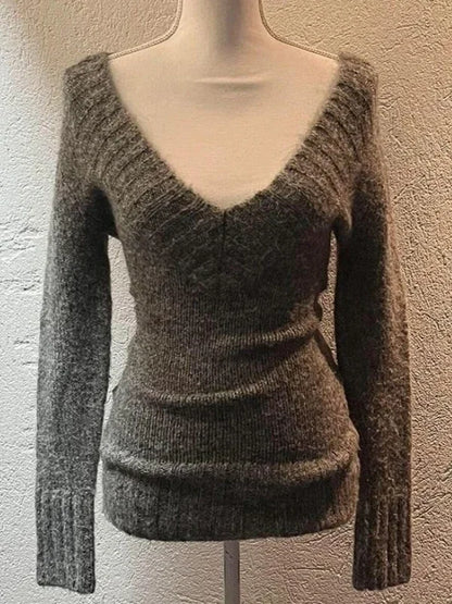 Deeptown Sexy Gestrickte Pullover Frauen V-ausschnitt Vintage Frühen Y2k Grunge Pullover Mujer Herbst Mode Langarm Pullover Schlank